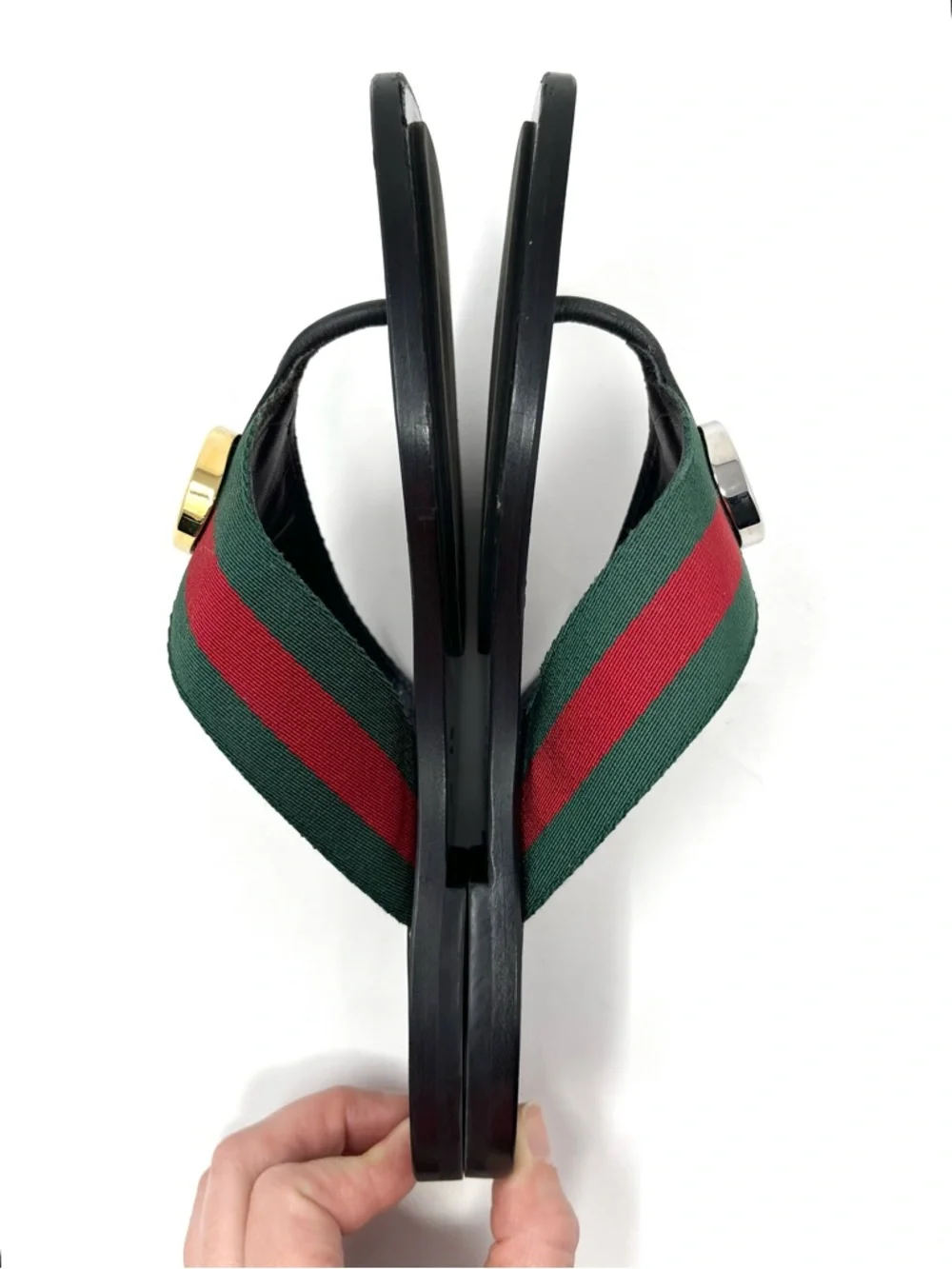 Gucci Kika Interlocking GG Logo Thong Sandals Flip Flops Flat Gold Silver 36.5 - Picture 7 of 11